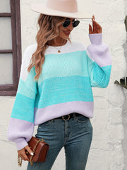 Colorblock Lantern Sleeve Round Neck Sweater