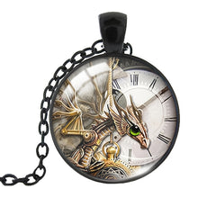 Steampunk Clock Shape Pendant Necklace Animal Pattern Goth Mech