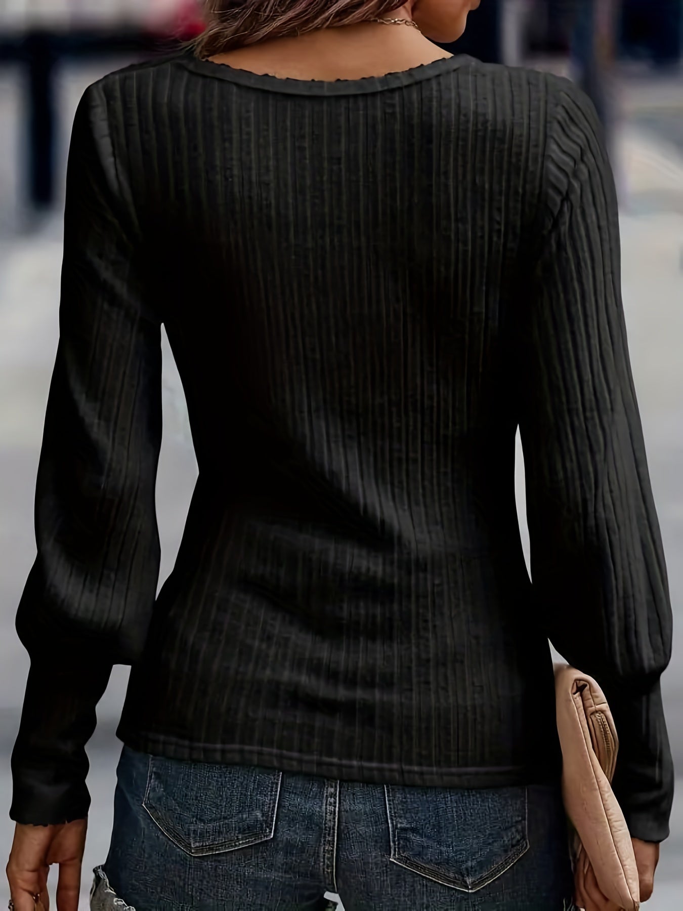  Solid Ribbed Knit Lantern Sleeve Pullover Jumper