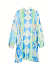  Casual Dress Women's Plus Allover Print Lantern Sleeve Button Up