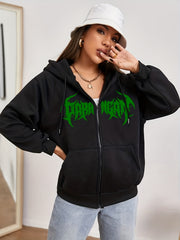  Y2K Sweatshirt Women's Plus Art Letter Print Zip Up Long Sleeve Hoodie