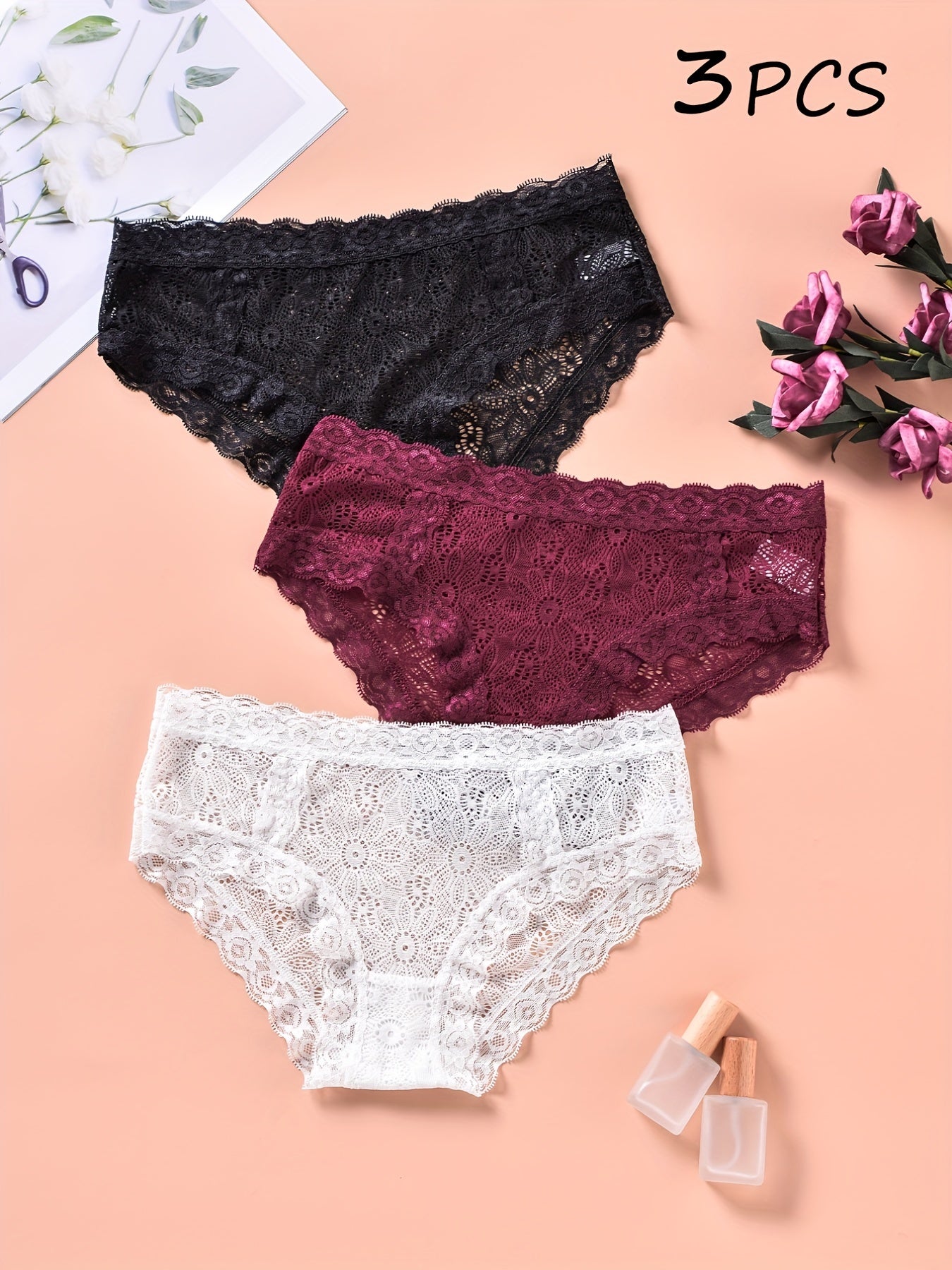 3pcs Floral Lace Briefs Comfy & Breathable Intimates Panties Women's Lingerie