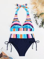 Colorful Strip Print Halter 2 Piece Bikini Set