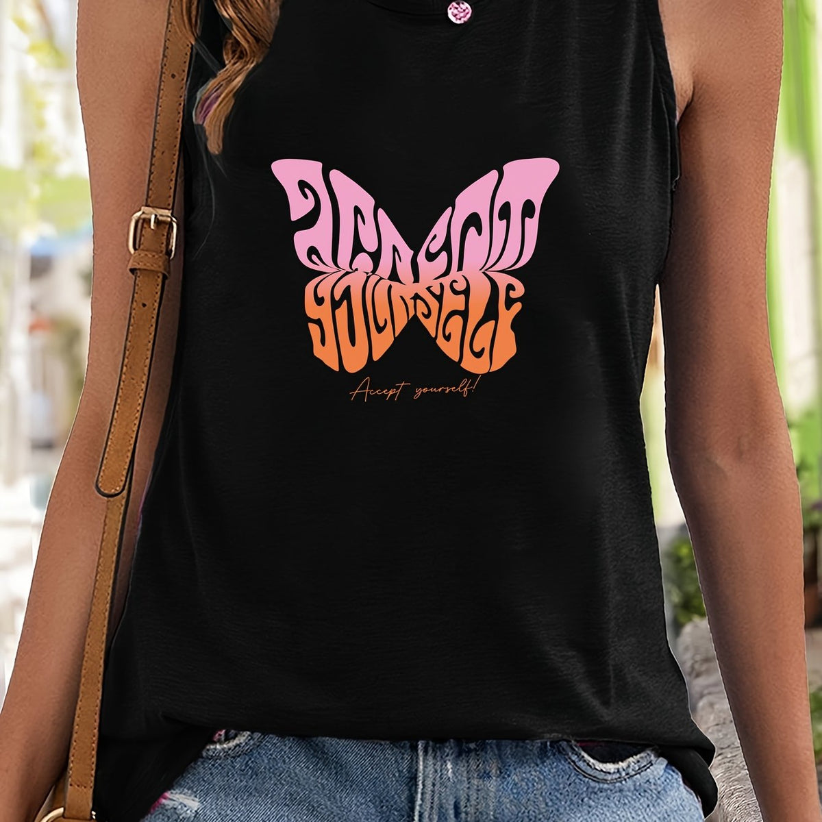 Butterfly Pattern Sleeveless Sports Vest Round Neck Casual Top