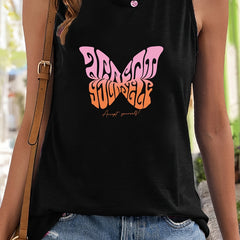 Butterfly Pattern Sleeveless Sports Vest Round Neck Casual Top