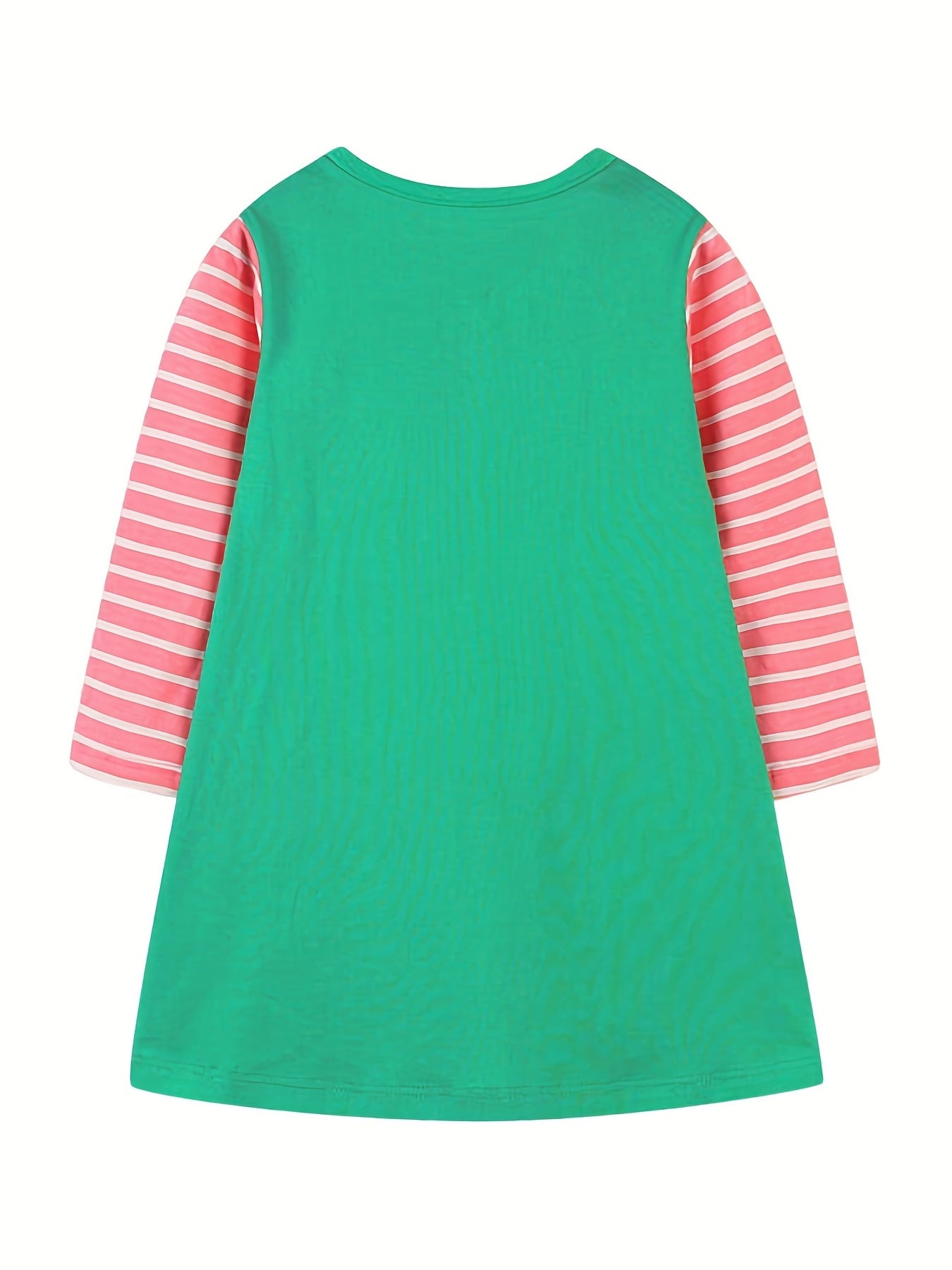 Girls' Kitty Embroidered Long Sleeve Shirt Dress With Stripe Contrast Sleeves
