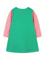 Girls' Kitty Embroidered Long Sleeve Shirt Dress With Stripe Contrast Sleeves