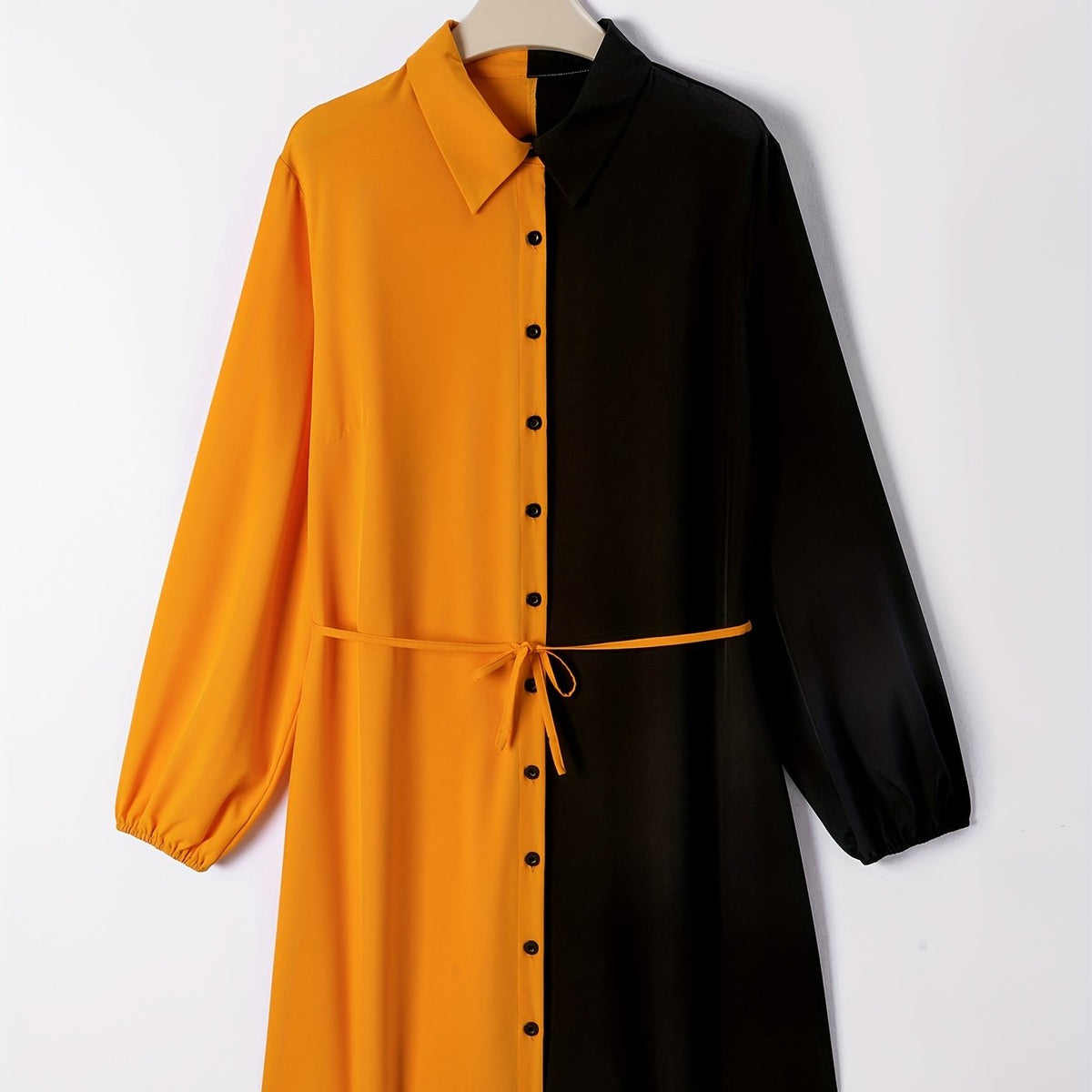 Colorblock Lantern Sleeve Shirt Dress With Belt