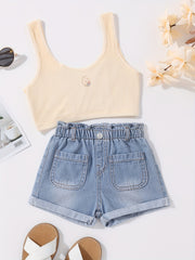 Baby Bunny Graphic Crop Top & Denim Shorts Set