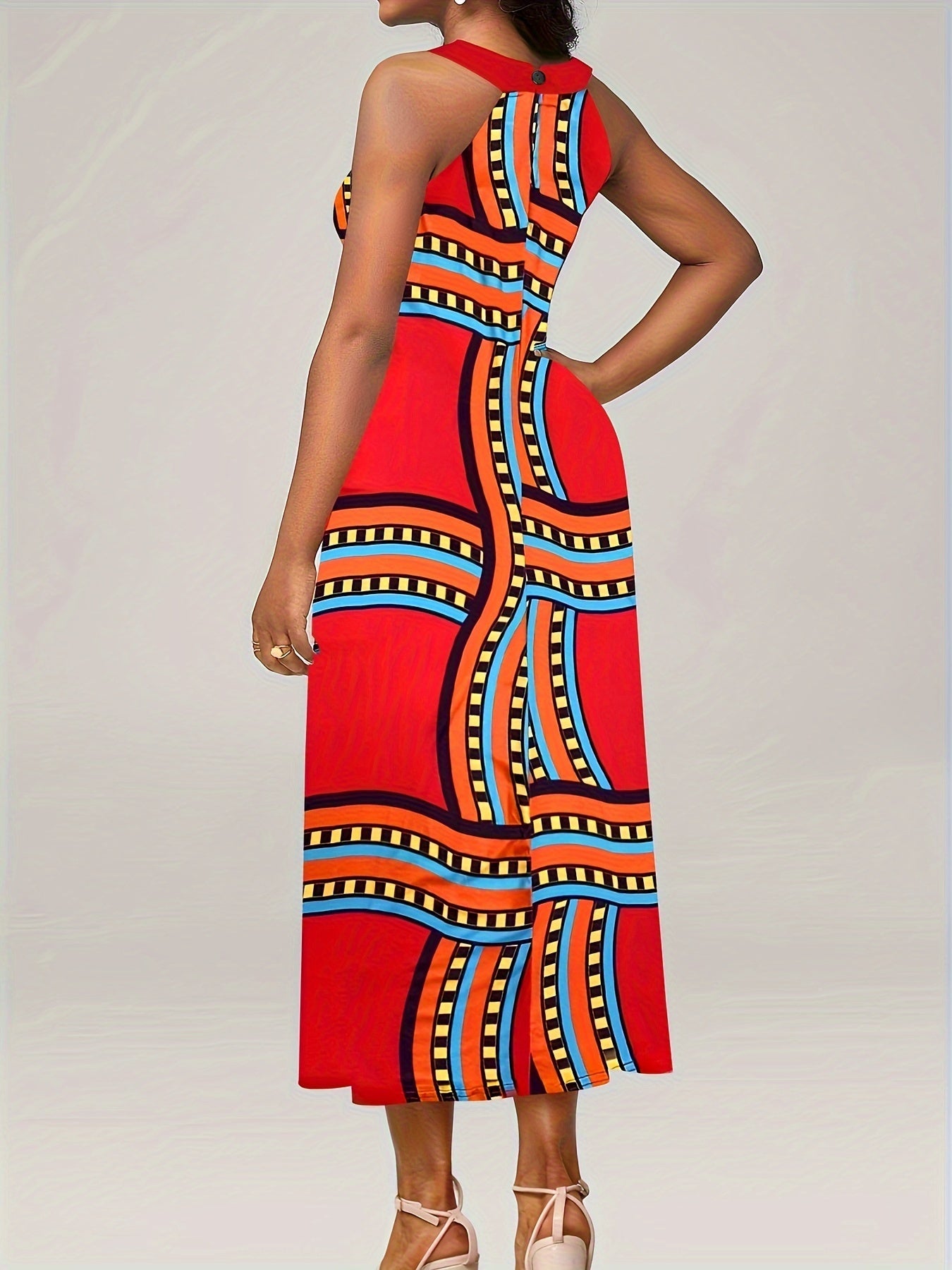 Graphic Print Cut Out Halter Neck Midi Tank Dress
