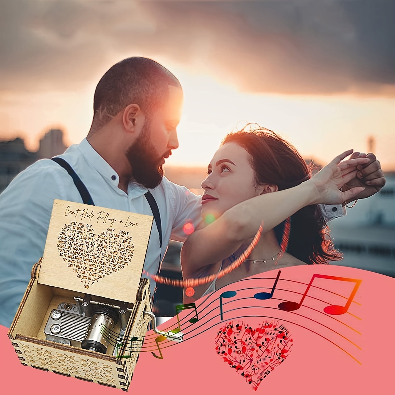 Wooden Music Box Can't Help Falling In Love Engraved Antique Musical Box