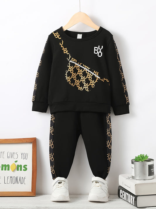 2pcs Toddler Boy Chest Bag Pullover Sweatshirt & Pants Set Kids Clothes