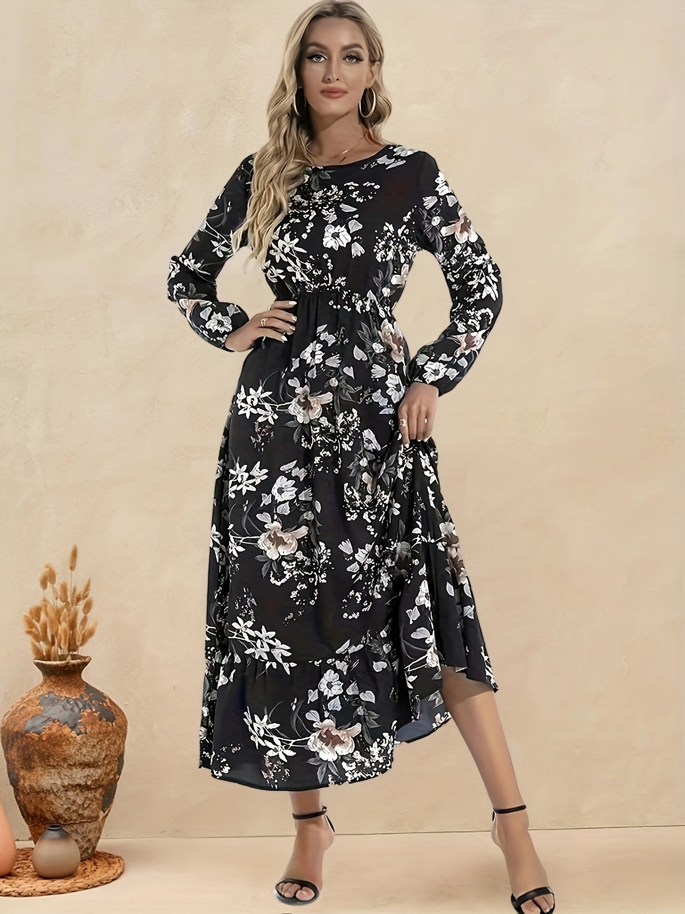  Boho Dress Floral Print Lantern Sleeve Ruffle Trim Maxi Dress