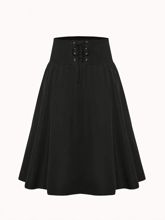  Gothic Skirt Solid Shirred Lace Up High Rise A line Maxi