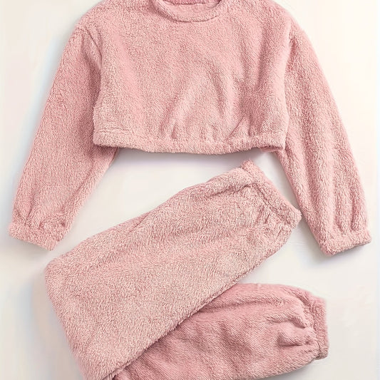  Fuzzy Fleece Pajamas Set Crew Neck Crop Top & Joggers