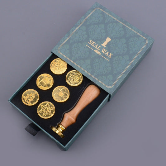 Christmas Wax Seal Stamp Set 6pcs Sealing Wax Stamp Heads & 1pc Wooden Handle