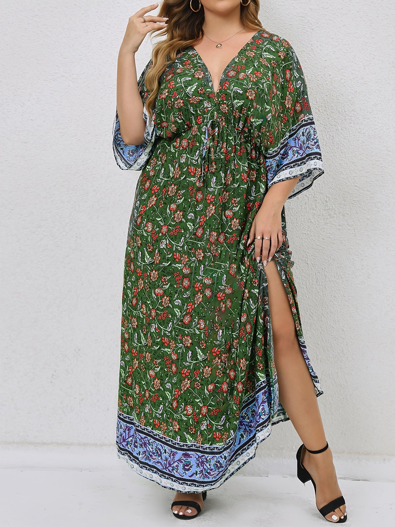  Boho Dress Floral Print V Neck Knot