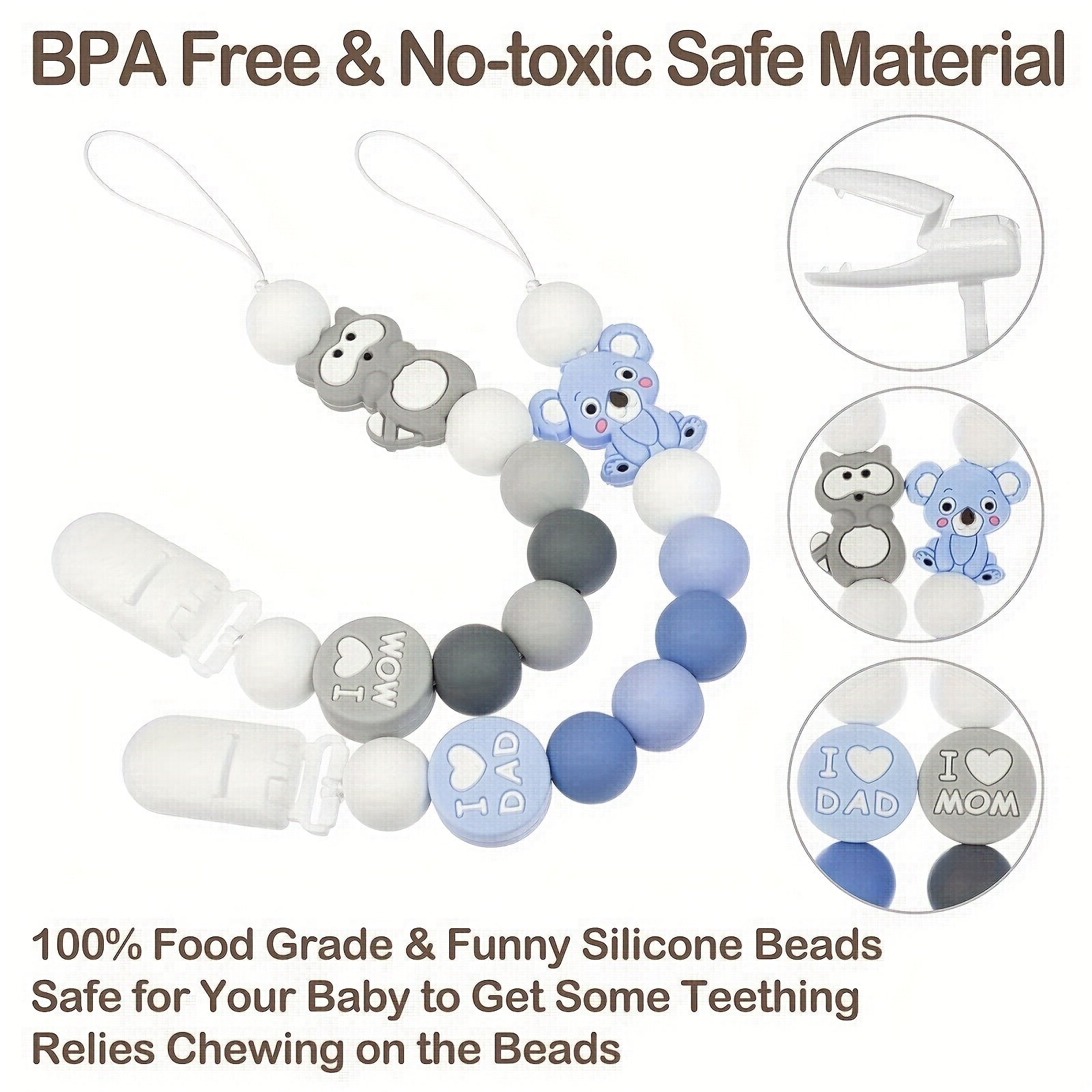 2pcs Silicone Bead Pacifier Clips for Baby Girls & Boys