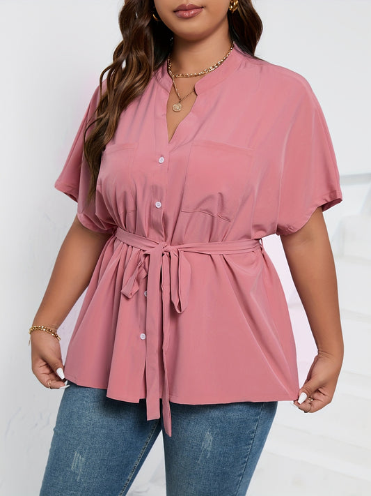  Solid Short Sleeve Blouse with Belted Top
