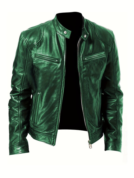 Solid Zip Up Stand Collar PU Jacket Men's Casual