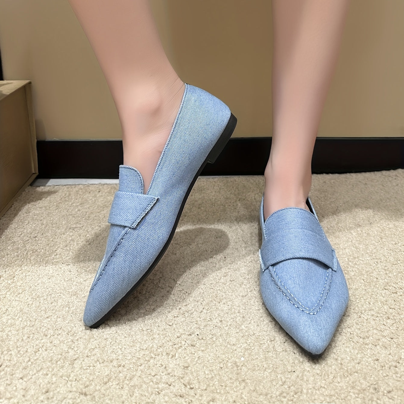 Women's Denim Flat Slip-On Shoes Pointed Toe Soft Sole Casual Walking Flats