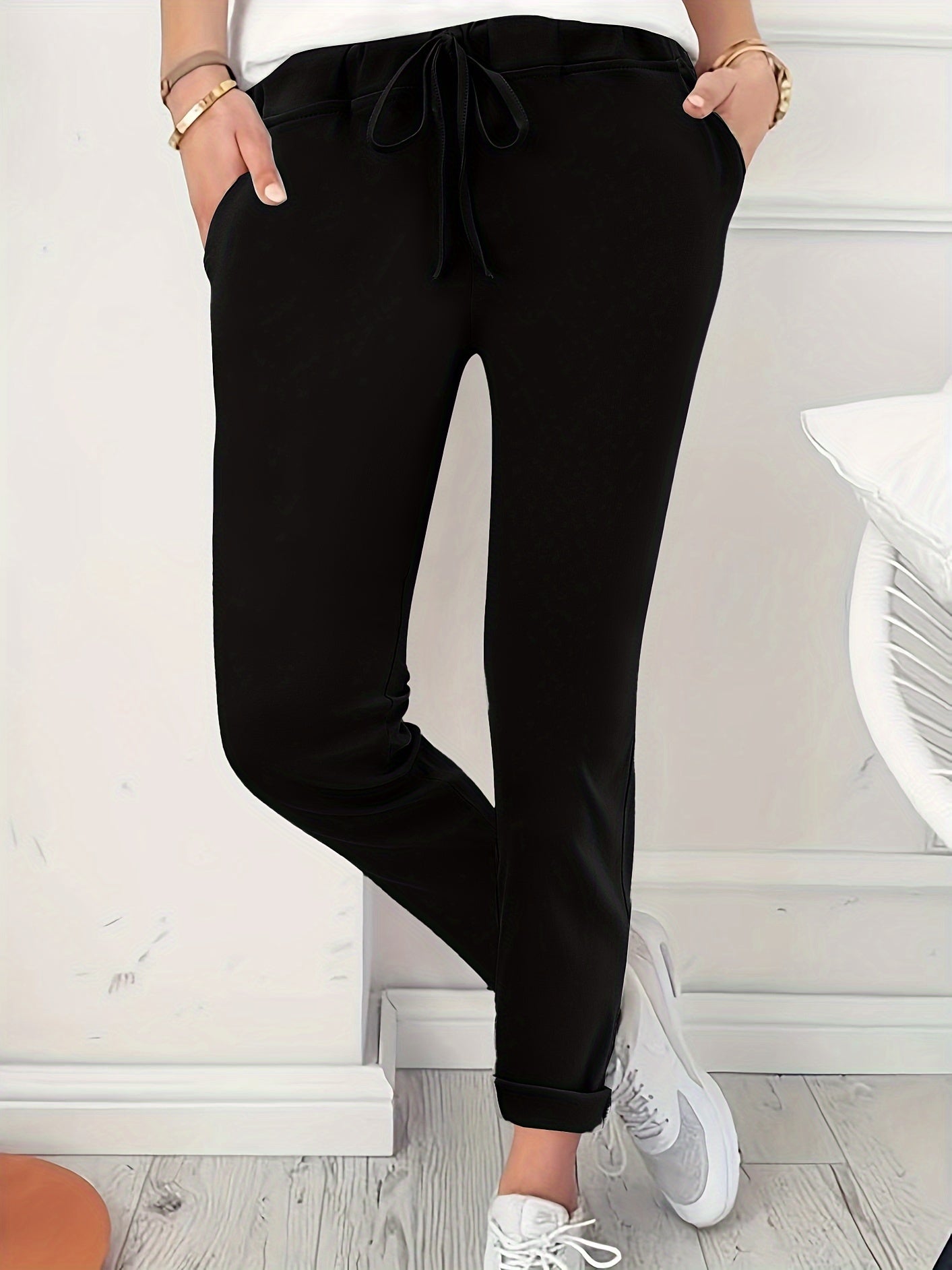  Solid Elastic High Rise Trousers With Pockets