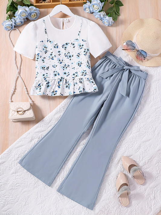 Girls' Boho Floral Top & Flare Leg Pants Casual Suit For Summer