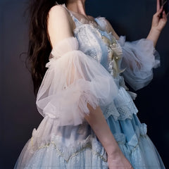 Light Tulle Wedding Dress with Puff Sleeves and Floral Embellishments