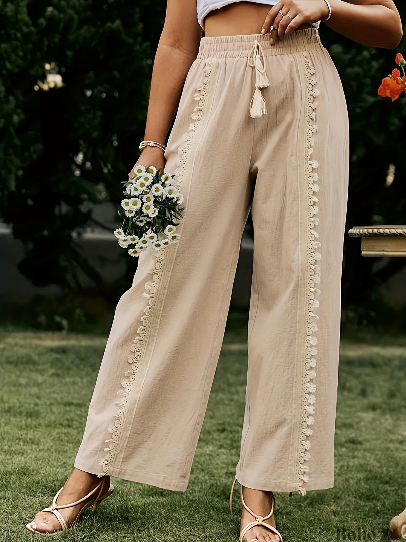  Solid Frill Trim Drawstring Wide Leg Pants