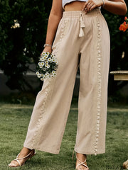  Solid Frill Trim Drawstring Wide Leg Pants