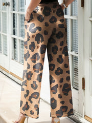  Leopard Print Drawstring Waist Wide Leg Trousers