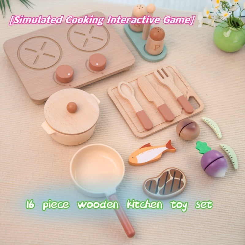 16pcs Wooden Kitchen Toy Set Interactive Cooking Game Indoor Educational Toy