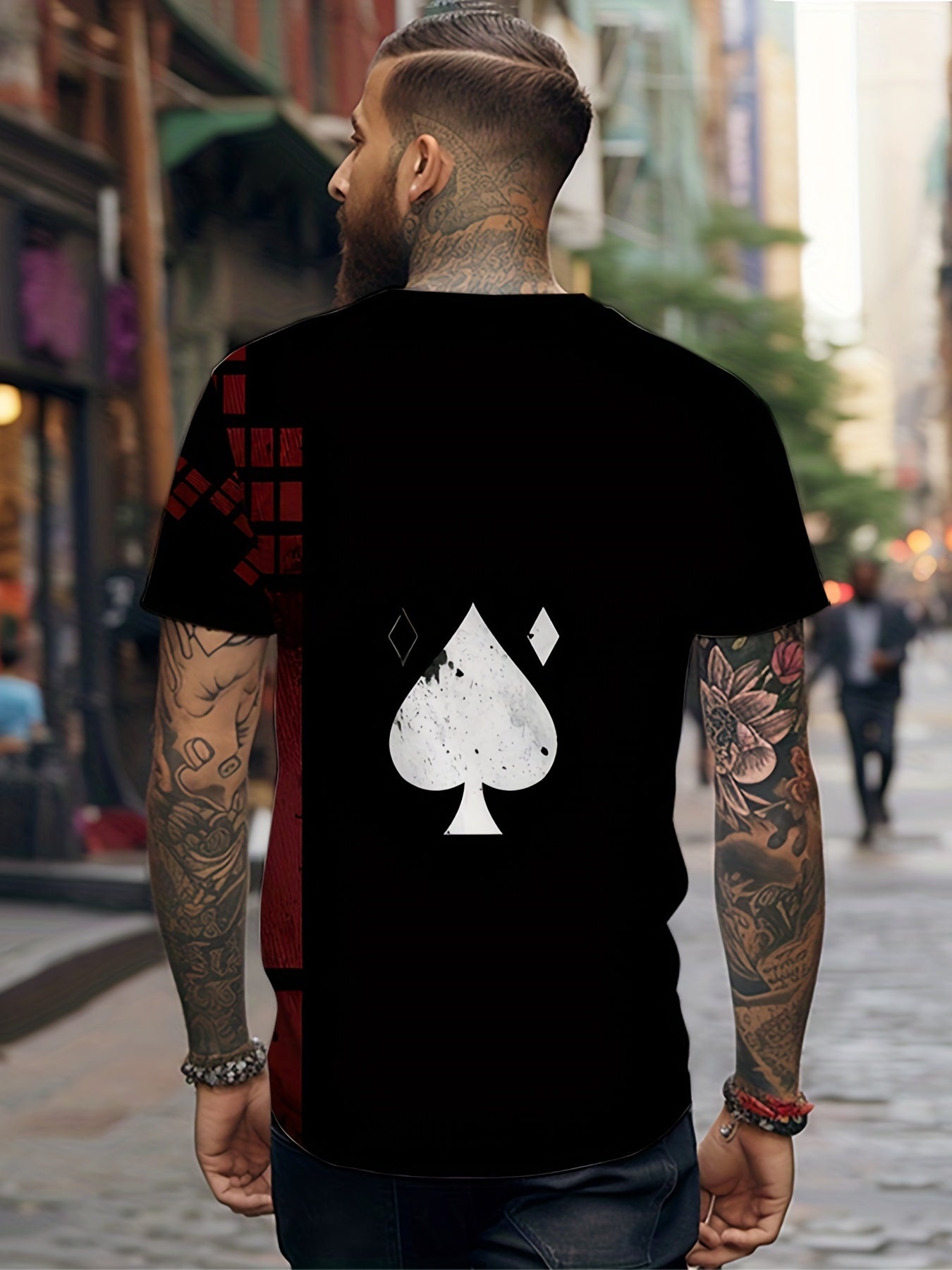 Men's 3D Spade Print T-shirt Casual Crew Neck Tee
