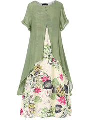 Asymmetrical Floral Print Dress Short Sleeve Crew Neck Casual Dress