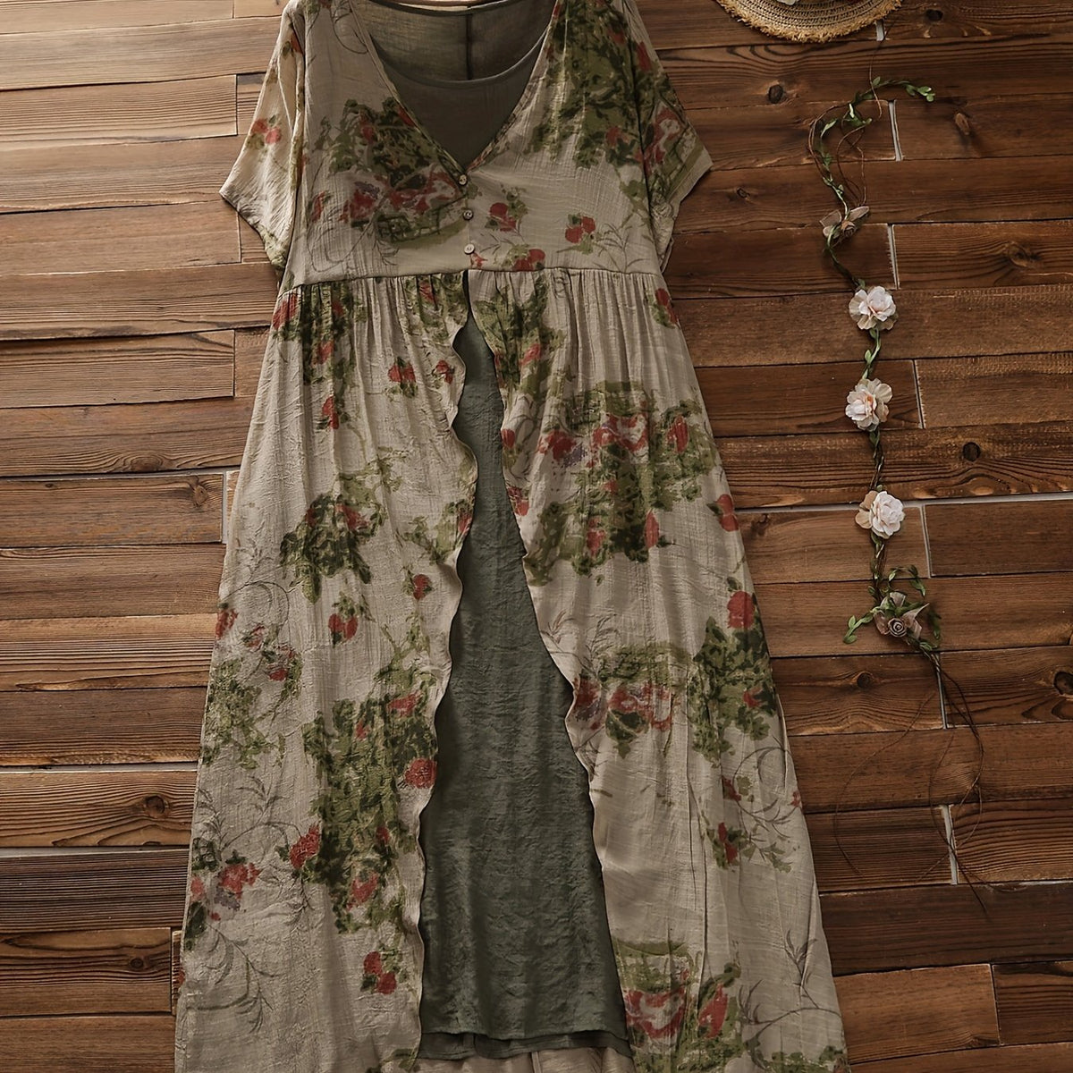  Floral Print Layered Maxi Dress