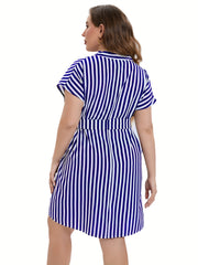  Striped Print V Neck Midi Dress