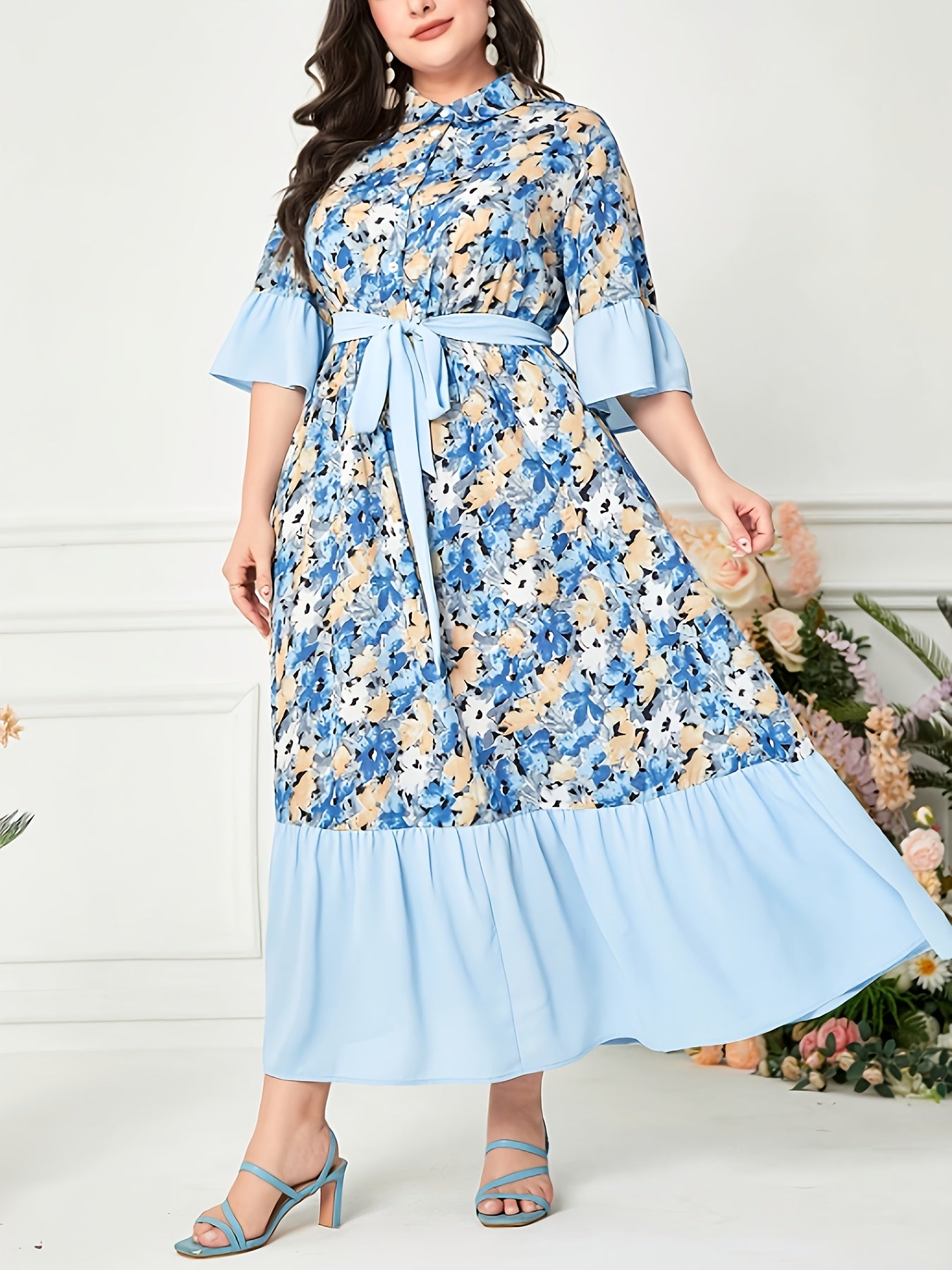  Dress Colorblock Floral Print Ruffle Trim Maxi Dress