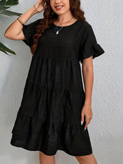 Solid Ruffle Trim Short Sleeve Round Neck Smock Dress
