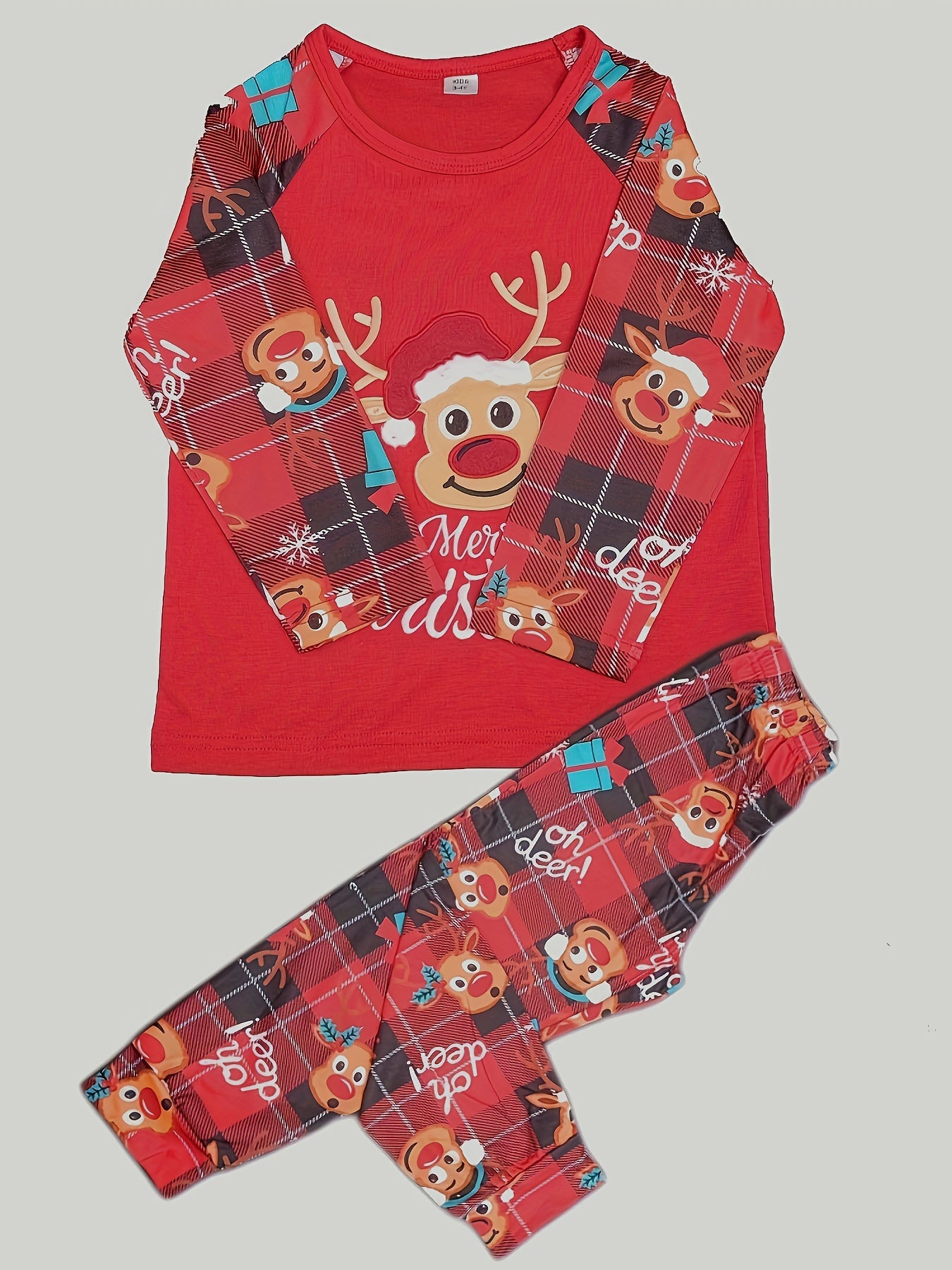 Christmas Elk Print Pajama Set Long Sleeve Top & Plaid Pants Women's Sleepwear
