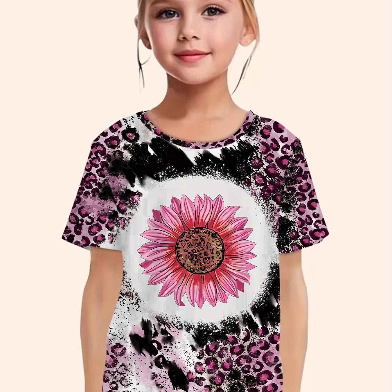 Girls Leopard Print Sunflower Graphic Tee Short Sleeve T Shirt