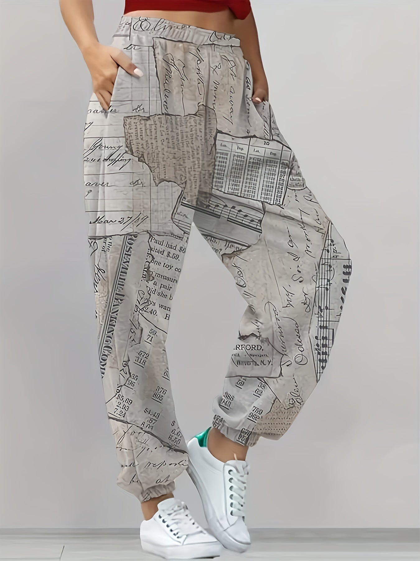 Women's Plus Map Print Elastic Waist Loose Sporty Pants
