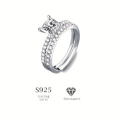 Moissanite Sterling Silver Bridal Ring Set - Princess Cut CZ Engagement Rings