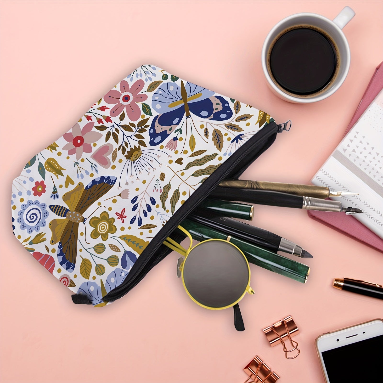 Butterfly Grasses & Flowers Cosmetic Bag Small Roomy Zipper Makeup Pouch