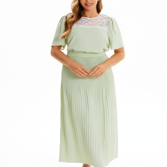  Lace Short Sleeve Tops & Pleated Maxi Skirt Set 2pcs Outfit