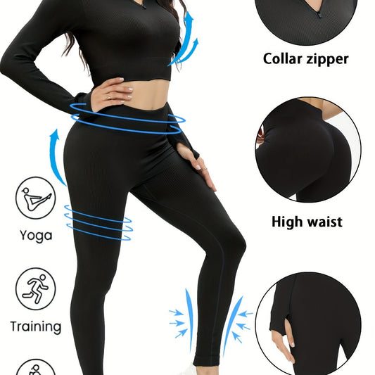 Yoga Set: Zipper Long Sleeve Top & High Stretch Leggings