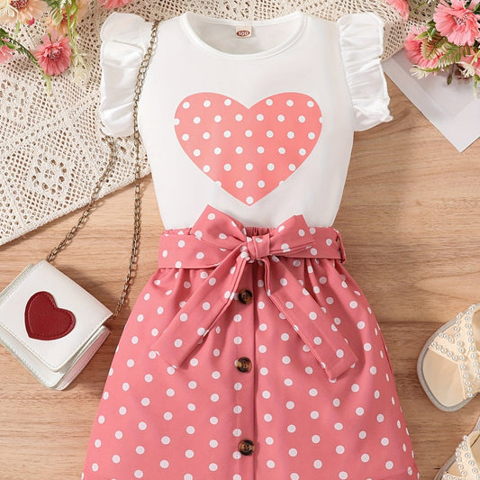 2pcs Toddler Girls Butterfly Sleeves Polka Dot Heart Top & Skirt Set