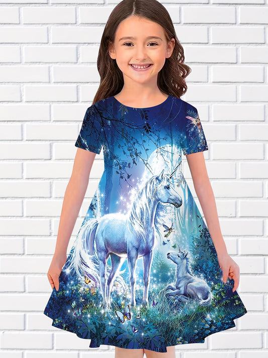 Girls Summer 3D Animal Long Dress Short Sleeve Princess Dress