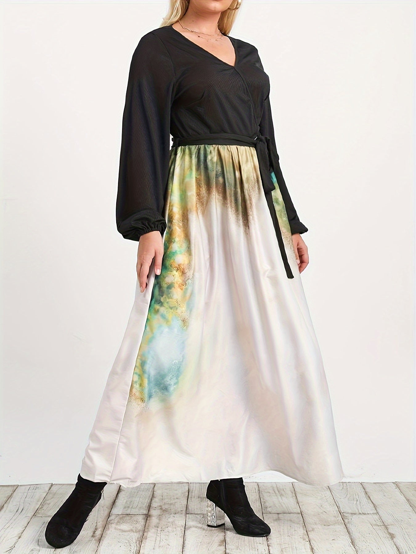  Colorblock Floral Print V Neck Maxi Dress