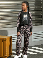Leopard Pattern Raglan Top & Flared Pants Set for Girls