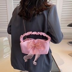 Bow Decor Ruched HandBag Women's Faux Leather Chain Shoulder Bag Crossbody Purse
